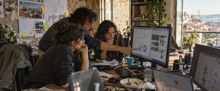 Blog 75 Illustrative marketing team reviewing content performance in a Lisbon loft office