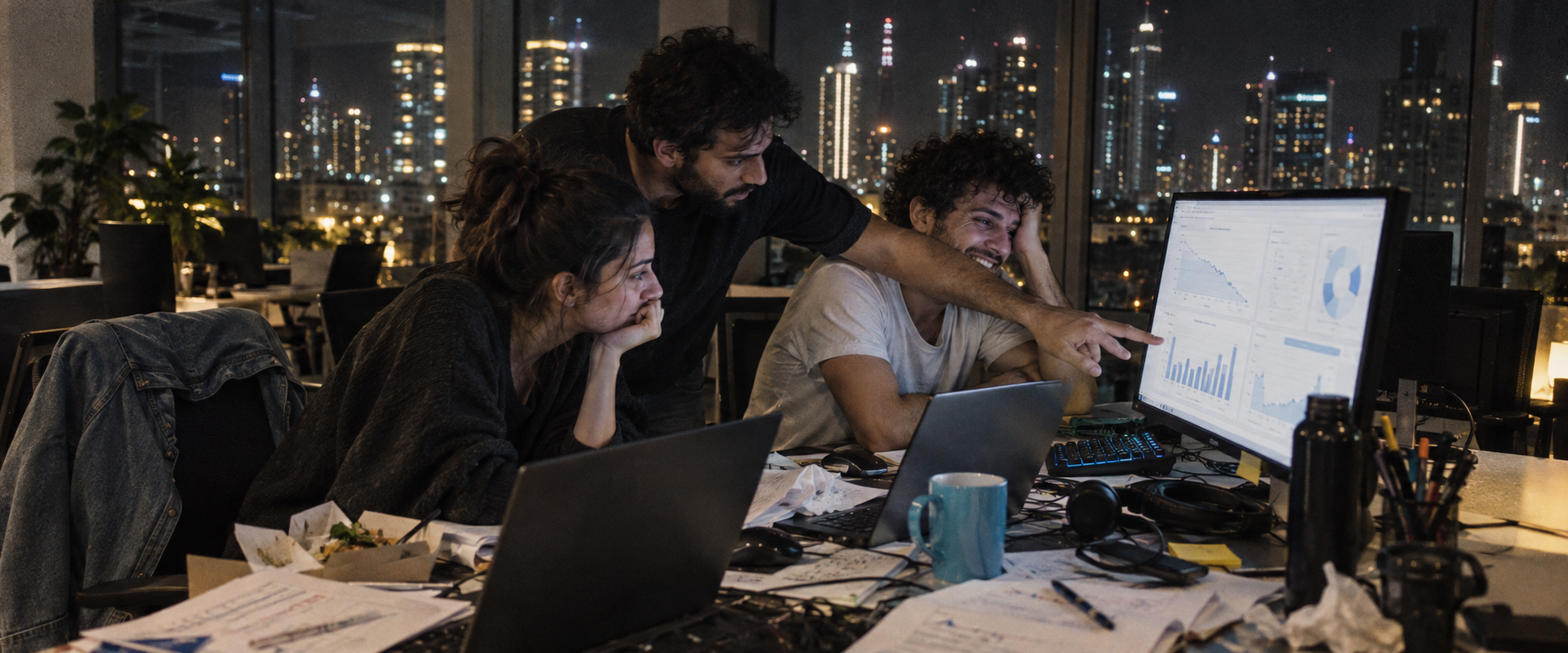 Illustrative marketing team reviewing PPC campaign charts in an office at night