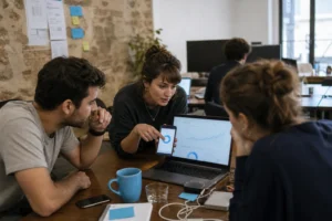 SEO audit checklist in use as a marketer reviews mobile page speed and technical issues at a desk in a US office.
